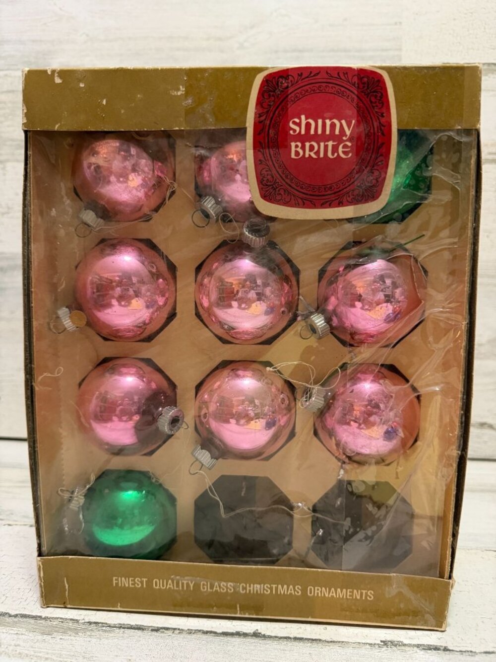 Shiny Brite Vintage Glass Christmas Ornaments Pink Green 10 Count Original Box